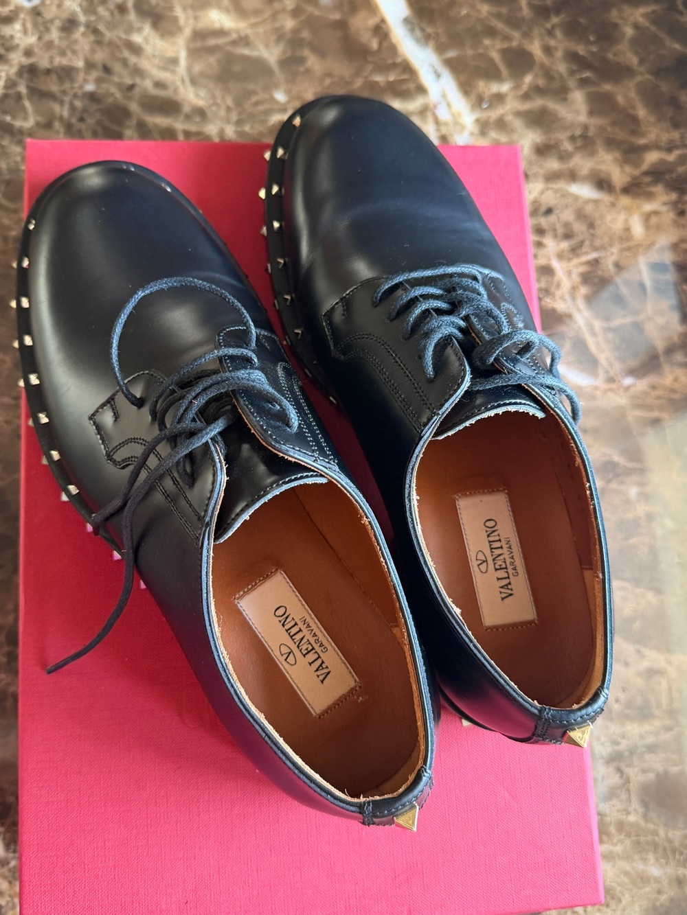 Valentino Black Leather Stud-Trim Derby Shoes